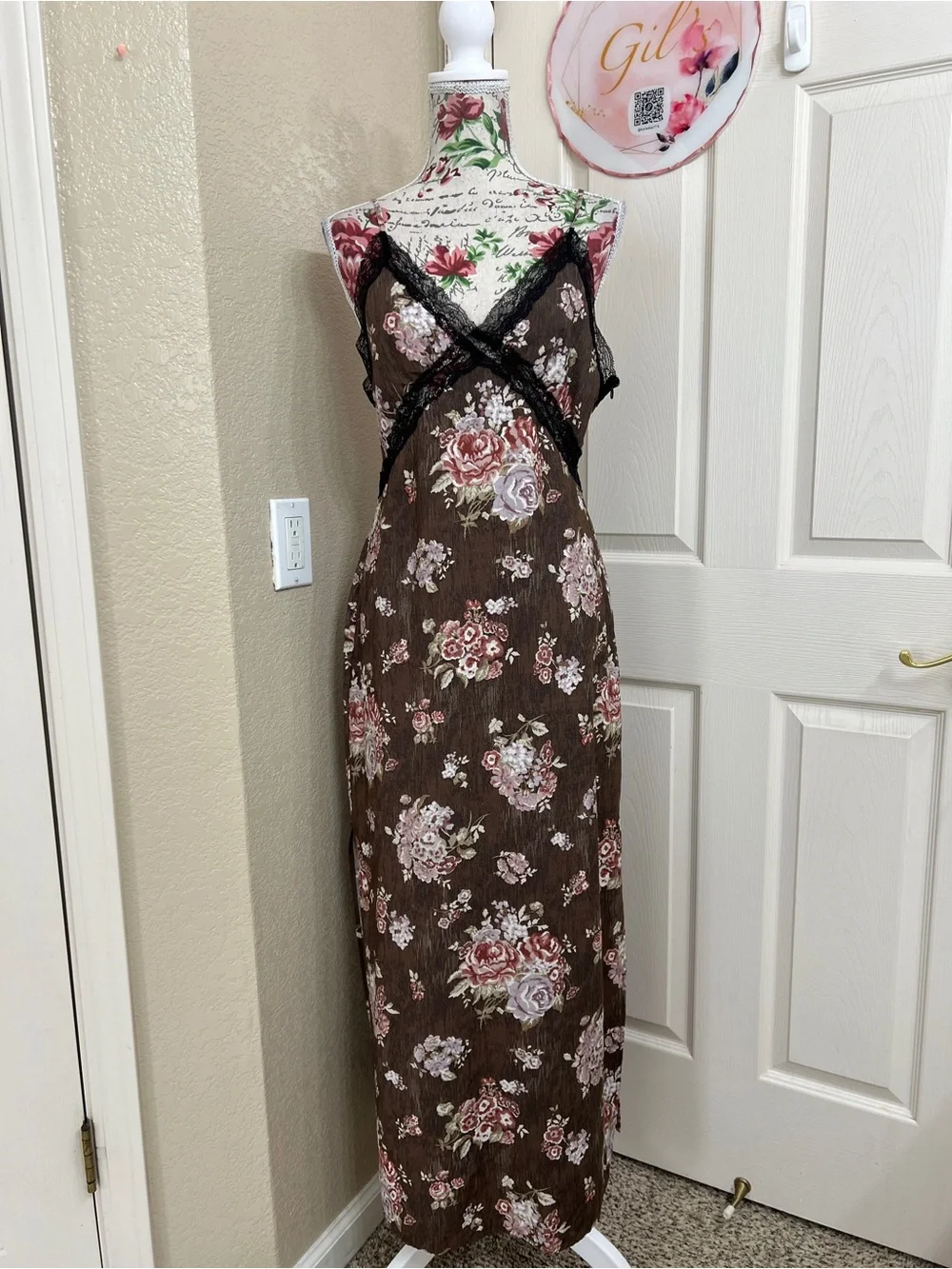 Brock Collection X H&M Brown Floral Lace Trim Maxi Slip Dress Size S